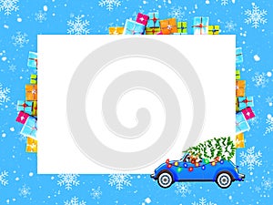 Christmas frame with gifts and car with Christmas tree