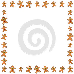 Christmas frame with gingerbread man. Xmas border with cartoon smiling cookies. Vector pattern with copy space. Blank background