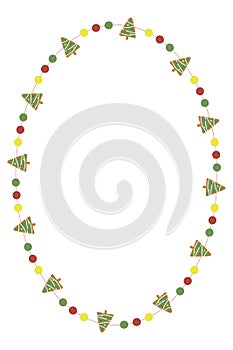 Christmas frame with gingerbread Xmas tree decorations. Oval Xmas decorative border isolated on white background. Vector