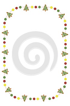 Christmas frame with gingerbread Xmas tree decorations. Xmas decorative border isolated on white background. Size 10 x 15. Vector