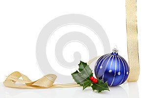 Christmas frame gold ribbon blue bauble