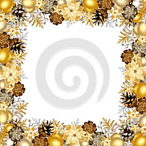 Christmas frame with gold and silver balls. Vector illustration.