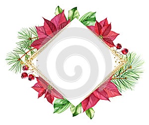Christmas frame with golden glitter. Rhomb template with red poinsettia flower, pine tree, place for text and sparkling