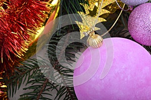 Christmas frame, greeting card. New year balls, gifts or present box and holiday decoration. Happy New Year composition