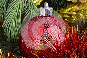 Christmas frame, greeting card. New year balls, gifts or present box and holiday decoration. Happy New Year composition