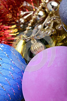 Christmas frame, greeting card. New year balls, gifts or present box and holiday decoration. Happy New Year composition