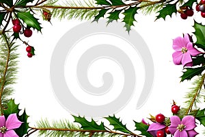 Christmas frame of holly and pink poinsettia on a white background. Generative AI