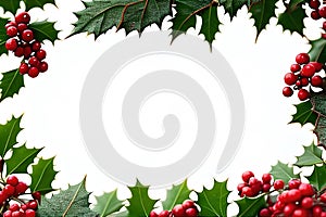 Christmas frame of holly with red berries on a white background. Generative AI
