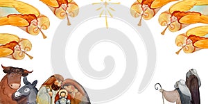 Christmas frame with Joseph, St. Mary, Jesus Christ in a manger, animals, shepherds, trumpeting angels and the star of Bethlehem.