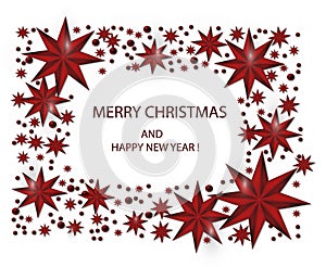 Christmas greeting illustration. Frame of ruby stars, beads. Vector illustration.