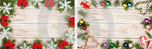 Christmas frame made of fir branches decorated with snowflakes and red bows on a light wooden background