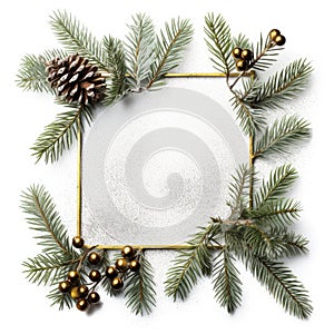 Christmas frame made of green fir and tree branches red berries and pine cones on white background,AI generated