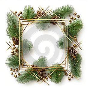 Christmas frame made of green fir and tree branches red berries and pine cones on white background,AI generated