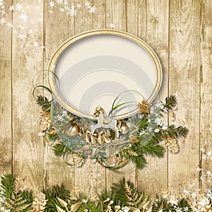 Christmas frame with miraculous garland on a wooden background