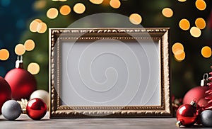 Christmas frame mockup on festively decorated table