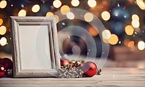 Christmas frame mockup on festively decorated table