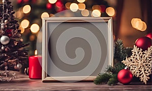 Christmas frame mockup on festively decorated table