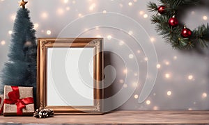 Christmas frame mockup on festively decorated table