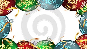 Christmas frame for the New Year balls, Christmas tree decorations and fir branches gold ribbons on white. Vector background