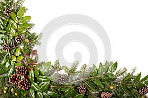 Christmas frame of pine tree branches - isolated on white
