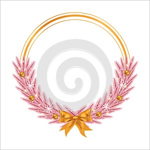 Christmas frame with pink leaves and golden decoration ball. Xmas frame with golden ribbon. Christmas ball, Xmas frame, round