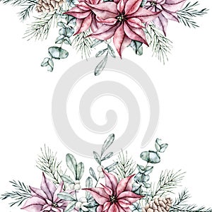 Christmas frame of red poinsettia flower, pine cone, snowberry, waxberry, or ghostberry and emerald spruce branch, pine