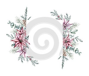 Christmas frame of red poinsettia flower, pine cone, snowberry, waxberry, or ghostberry and emerald spruce branch, pine