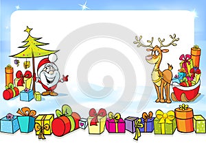 Christmas frame with Santa Claus, sleights many gifts and reindeer