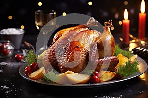 christmas fried cooked duck with fruits and potatoes