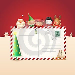 Christmas friends on letter for Santa Claus - template with Santa, Elves girl and boy, Snowman and Reindeer - vector illustration