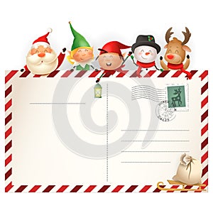 Christmas friends on letter for Santa Claus - template with Santa, Elves girl and boy, Snowman and Reindeer - vector illustration