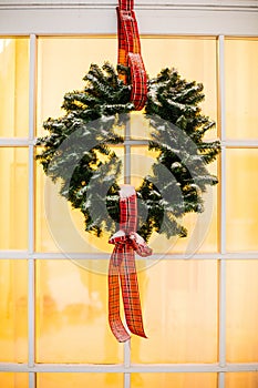 Christmas front door of a country house background.