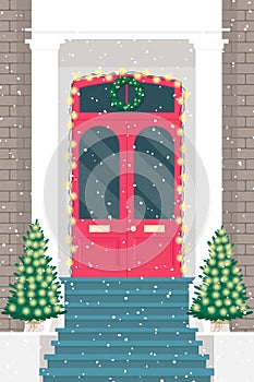 Christmas Front wooden door with Christmas tree and wreath and snow. Flat vector illustration