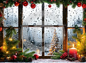 Christmas frost window with dew drops on glass,candle,fir branches and decorations,copy space for text