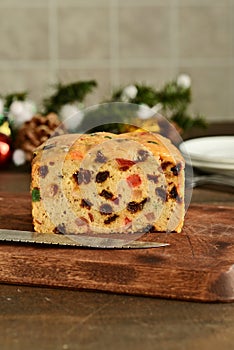 Christmas  fruit cake on an old cutting board