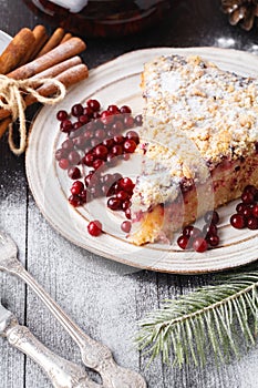 Christmas fruit cake, pudding on white plate. Christmas decoration