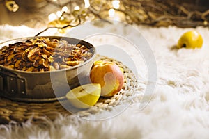 Christmas fruit cake on a table with and apple fruit decoration