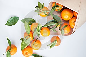 Christmas fruit. Orange fresh tangerines or mandarines with green leaves in a paper bag lie on a white background