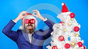 Christmas fun. Business and christmas concept. Santa hold christmas ball decoration. Holidays meant for fun. Man bearded