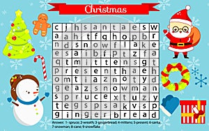 Christmas fun page for kids. Children Eductaional game. Word search puzzle. New Year holidays theme learning vocabulary