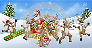 Christmas Fun Scene Santa Claus Sled and Reindeer