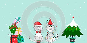 Christmas funny cats with gift and tree. Merry Christmas and happy new year cute card design