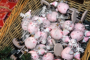 Christmas funny cute pink snowman decoration for Christmas. Tree ornaments for festive season