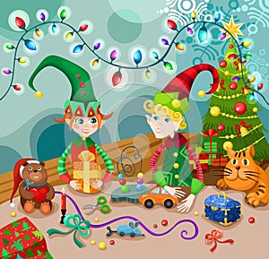 Christmas funny elves illustration