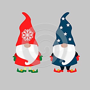 Christmas funny little Gnomes vector illustration. Winter Xmas elfs red and blue.