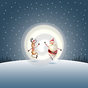 Christmas funny poster - Happy expresion of Santa Claus and Reindeer - moonlight winter landscape