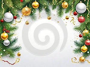 Christmas Garland Decorated with New Year Baubles and Cones photo