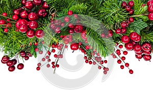 Christmas Garland Border with Red Berries Over White