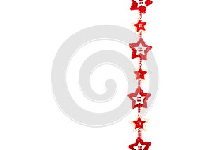 Christmas garland with carved red felt stars on white yellow background. Concept for greeting cards, invitations with copy space