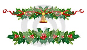 Christmas garland clipart. Vector border, decoration for holiday cards, invitations, banners. Holly leaves, bell, berries,